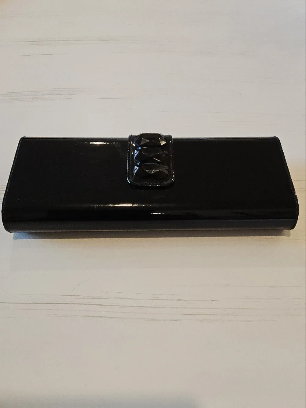 Lancome Black Patent Clutch with Faceted Gem Accent